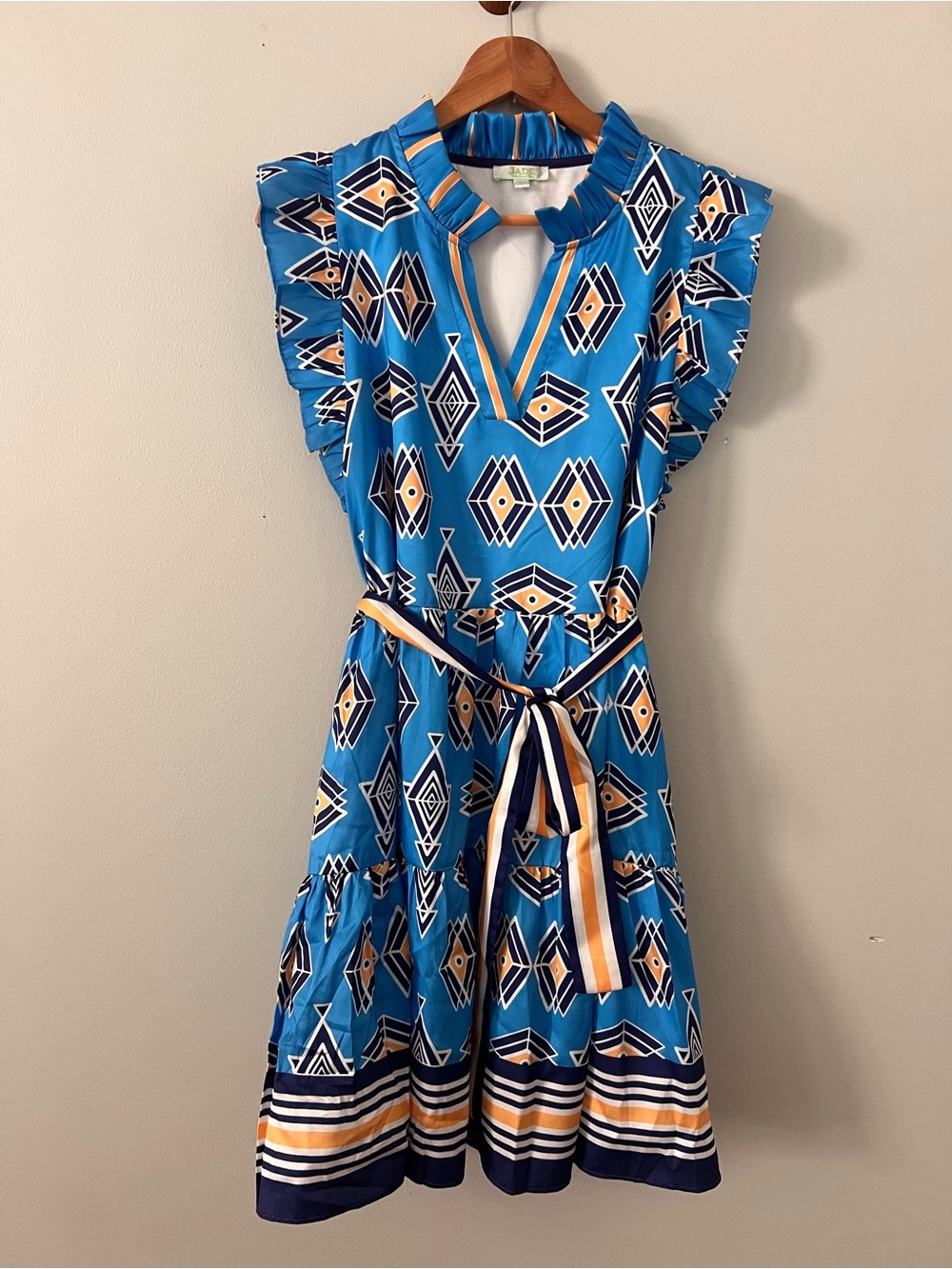 Jade Blue Yellow Geometric Print Dress with Striped Tie • Large